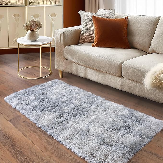 Ultra Soft Runner Rugs for Bedroom Hallways with Upgraded Non-Slip Rubber Backing & Thick Memory Sponge, 2x4 Feet Fluffy Shag Throw Area Rug for Bedside Dorm Tie-dye Light Grey