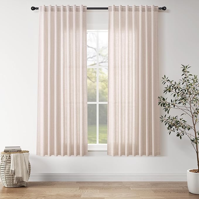 Nanspring Natural White Linen Curtains 63 Inch Length for Living Room Blend Semi Sheer Farmhouse Decor Curtains Back Tab Privacy Boho Light Filtering Semi Sheer Curtain for Bedroom 52x63, 2 Panels