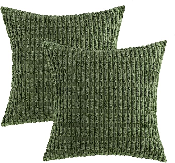 MIULEE Pack of 2 Spring Corduroy Decorative Throw Pillow Covers 20x20 Inch Soft Boho Striped Pillow Covers Modern Farmhouse Home Decor for Summer Sofa Living Room Couch Bed Moss Green