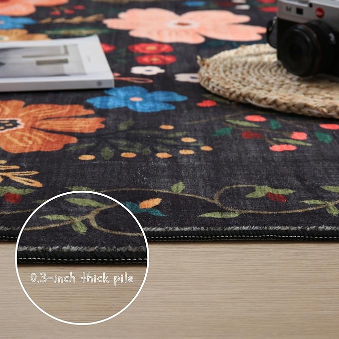 Rugcomf Living Room Rug 6x9 Rug Machine Washable Boho Area Rug Non Slip Floral Vintage Low Pile Large Rug for Living Room, Bedroom, Farmhouse, Dining Room, Kids Playroom(Black)