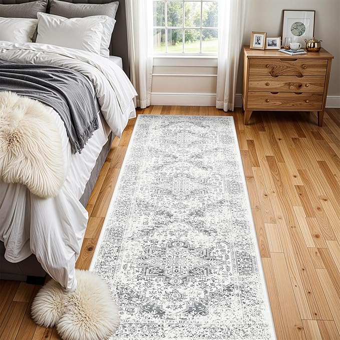 Washable 2'6''x8' Runner Rug - Non-Slip Vintage Runner Rug for Entryway Low-Pile Medallion Long Rugs for Hallway Waterproof Traditional Runner Rugs Indoor Thin Rug for Kitchen (Grey)