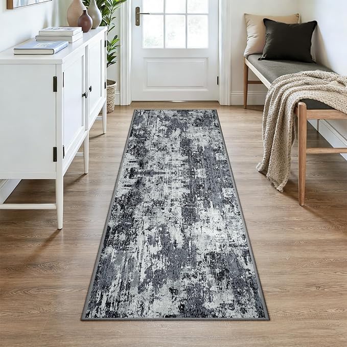 Washable Area Rugs 3x7 Non-Slip Modern Abstract Soft for Living Room Entryway Bedroom Nursery, Print Pattern, Black Navy Blue Gray