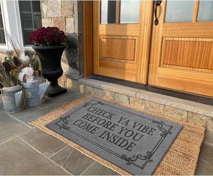 Indoor Door Mat Welcome Mats for Front Door Outdoor, 36" x 24" Check Ya Vibe Before You Come Inside This House Doormat, Non Slip Rubber Farmhouse Mats Light Gray