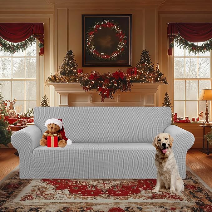 KEKUOU Stretch Oversized Sofa Slipcover 1 Piece Couch Sofa Cover (94"-110") Furniture Protector 4 Seater Sofa with Elastic Bottom for Kids,Pet.Jacquard Checked Pattern Fabric(X Large,Silver)