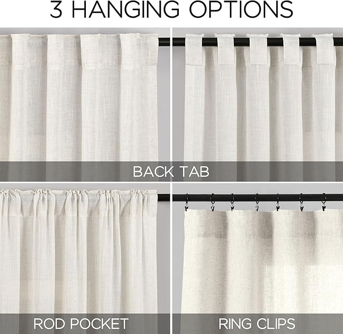 Cream Semi Sheer Linen Curtains 102 Inch Long Curtains Back Tab Rod Pocket 2 Panels Set Natural Elegant Living Room Decor Sunlight Filtering Solid Color Drapes for High Window 40x102