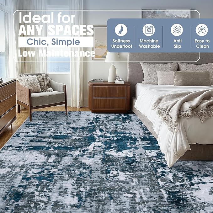 10x14 Area Rugs for Living Room Rug Washable: Abstract Large Rug Indoor Modern Carpet Non Slip for Dining Room Bedroom Nursery Home Office Navy Grey