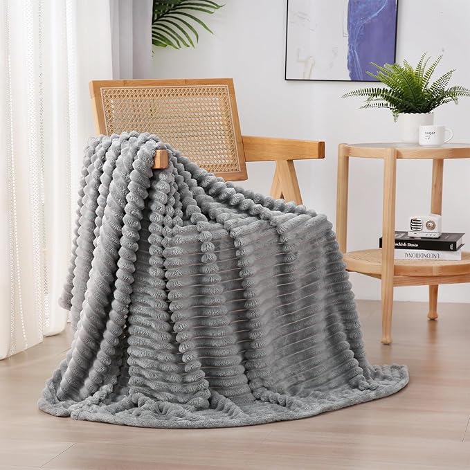 Grey Fleece Throw Blanket 60”×80” for Couch Sofa Bed,Super Soft Cozy Plush Microfiber Flannel Blanket with Stripes Design Lightweight for Adults,Woman,Girls
