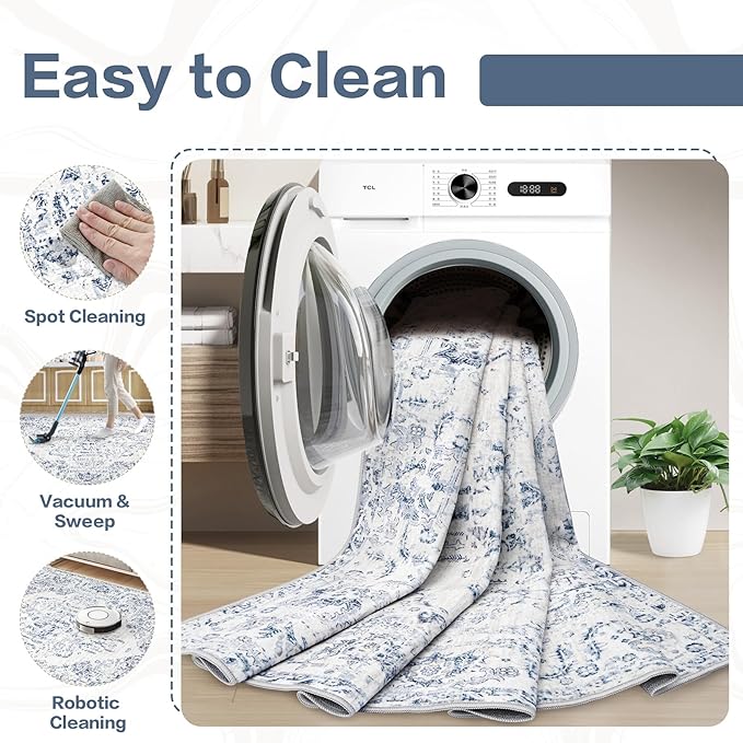 6x9 Area Rugs for Living Room: Washable Rug Vintage Large Rugs Soft Non Slip Low Pile Rug Floral Distressed Floor Carpet for Bedroom Kitchen Nursery Dining Room Home Office (Blue, 6'x9')