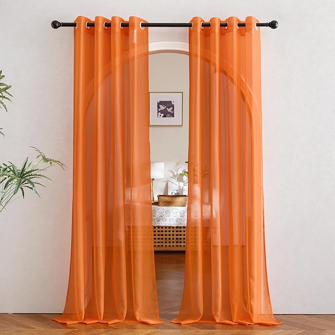 NICETOWN Orange Sheer Window Curtains for Saint's Day, Grommet Voile Sheer Textured Window Treatment with Light Filtering Drapes for Kids Room, W54 x L84, 2 Panels