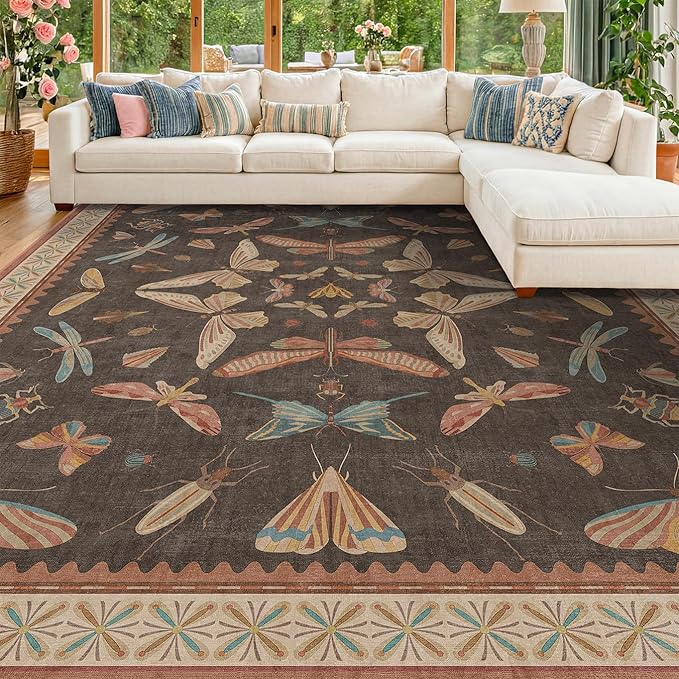 Brown Large 8x10 Living Room Area Rug, Unique Washable Insect Rugs for Bedroom, Stain Resistant Farmhouse Carpet for Dining Room, Whimsical Home Décor, Low Pile & Soft Mat