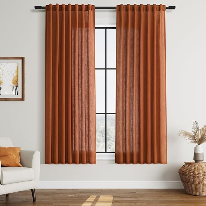 Nanspring Rust Linen Curtains 63 Inch Length for Living Room Light Filtering Semi Sheer Curtain Back Tab and Rod Pocket Vintage Rustic Luxury Home Decor Drapes for Bedroom Office 52x63, 2 Panels