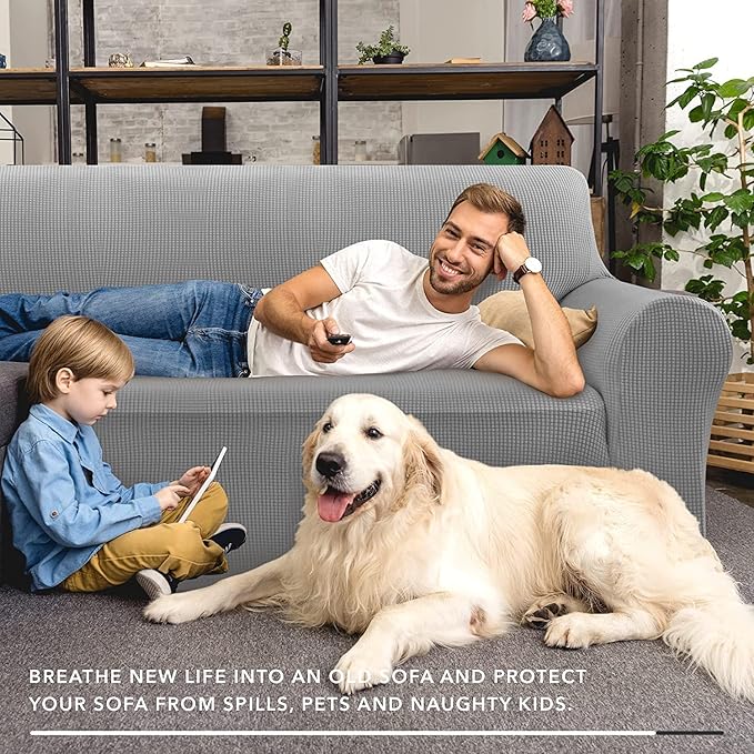 ZNSAYOTX Super Stretch Couch Cover Love Seat Sofa Covers for Living Room Dogs Pet Friendly Furniture Protector Spandex Loveseat Slipcovers with Anti Slip Foam Sticks (Light Grey, Loveseat)