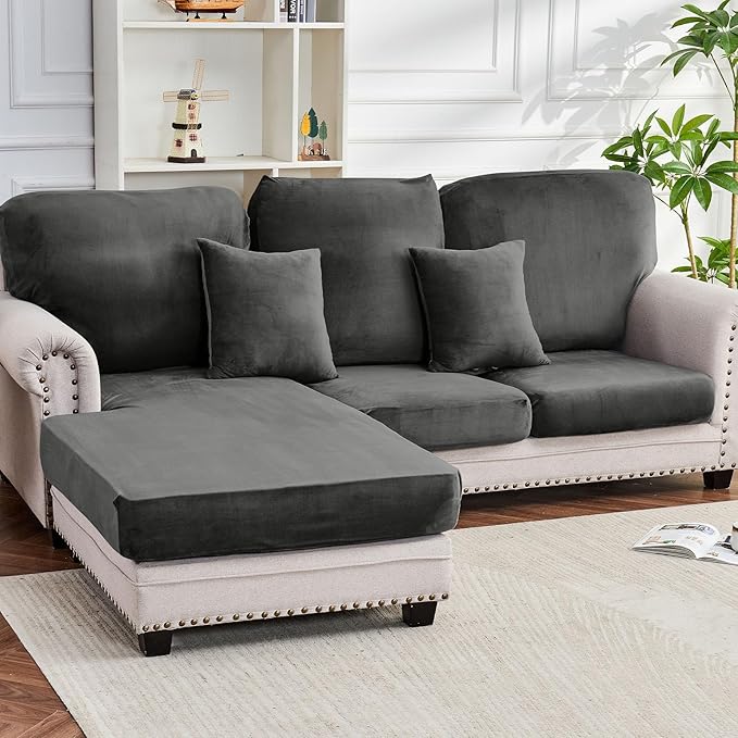 Couch Cover 6-Piece Elastic Velvet Couch Cushion Covers & Chaise Slipcovers for L-Shaped Sofas - Sofa Seat Covers Washable, Soft Protector for Couches (5 Seater + Chaise, Grey)