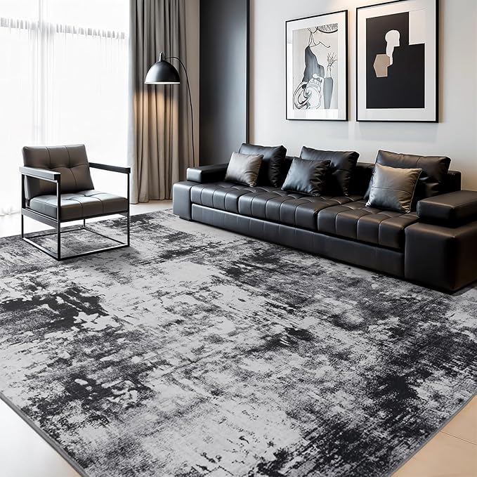 Rugflix 5x7 Area Rugs for Living Room, Washable Large Rug Stain-Resistant Low Pile, Modern Dark Carpet for Dining Room Home Office Kid Room Nursery Bedroom, Black Grey