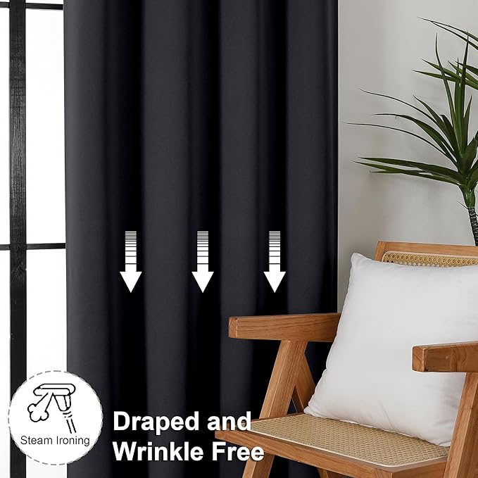 Simplebrand Ava Black Blackout Curtains for Bedroom 63 Inch Length 2 Panels Set, Solid Thermal Insulated Privacy Living Room Window Treatment Curtains Blackout Drapes, W50 x L63 Inch