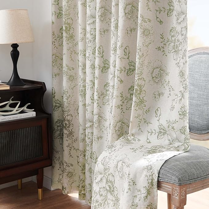 jinchan Blackout Floral Curtains for Living Room Bedroom Linen Blend Curtain Farmhouse Green Printed with Lined Back Tab Rod Pocket Drapes Window Treatments 2 Panels 96 Inch