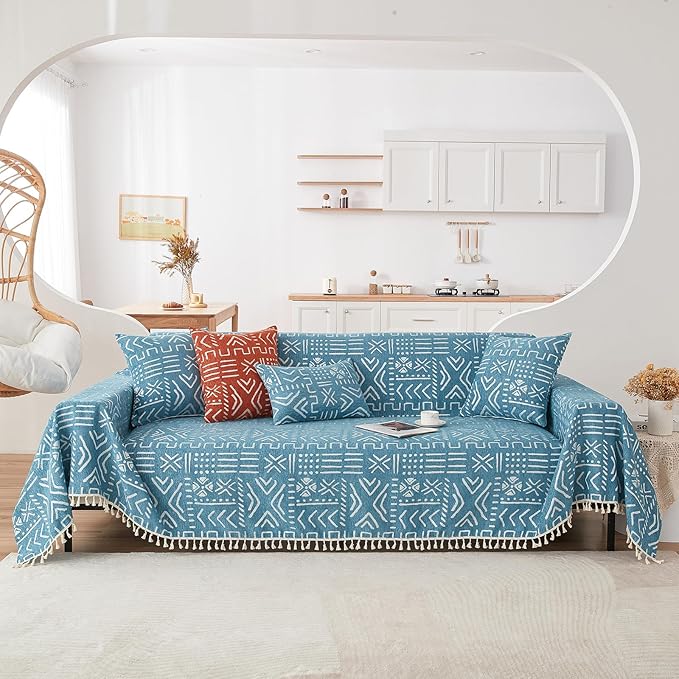 HANDONTIME Turquoise Couch Protector for Dogs Boho Tassel Blue Couch Cover Farmhouse Sofa Covers Aztec Tribal Couch Covers for 3 Cushion Couch Sofa Universal Sofa Slipcover for Home décor, 71" X134"