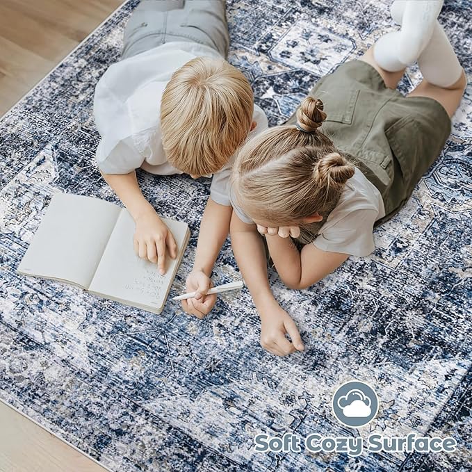 Area Rug 8x10 Washable Rug, Vintage Boho Medallion Rugs Non-Slip Soft Low Pile Large Distressed Rug Indoor Retro Carpet for Living Room Bedroom Dining Room Home Office (Blue, 8'x10')