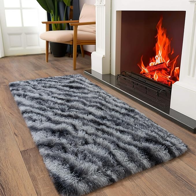 Soft Runner Rugs for Bedroom Hallways, 2x4 Black and White Fluffy Shag Throw Area Rug Non Slip for Bedside Dorm, Long Shaggy Furry Carpet for Nursery Living Room