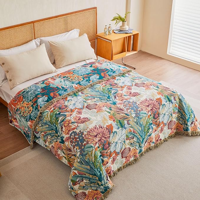 MSGKV Boho Throw Blanket for Bed Couch 100% Cotton Blanket 60"x80" Spring Breathable Farmhouse Lightweight Muslin Blankets Home Decor