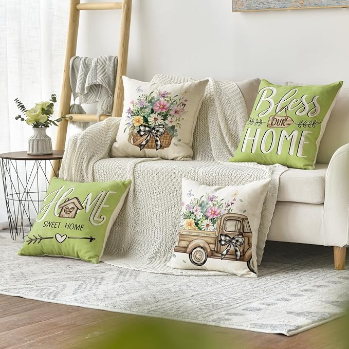 AVOIN colorlife Bless Our Home Eucalyptus Leaves Throw Pillow Covers, 18 x 18 Inch Spring Truck Cushion Case for Home Sofa Couch Set of 4