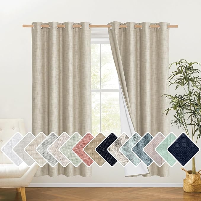 NICETOWN Taupe 100% Blackout Linen Curtains 72 inch Long Burg, Farmhouse Thick Completely Blackout Window Treatment Panels Thermal Insulated Drapes for Living Room (1 Pair, 52" Width Each Panel)