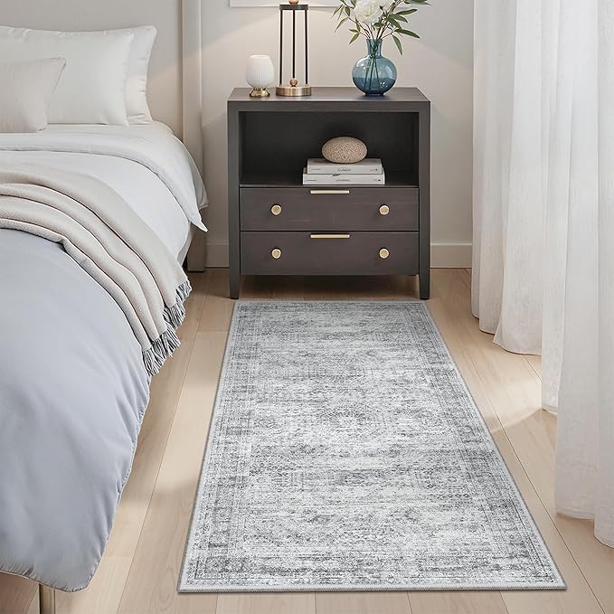 2x4 Washable Rugs for Kitchen, Floor, Entryway, Powder Room Small Area Rug Non-Slip Vintage Low Pile Throw Door Mat Grey