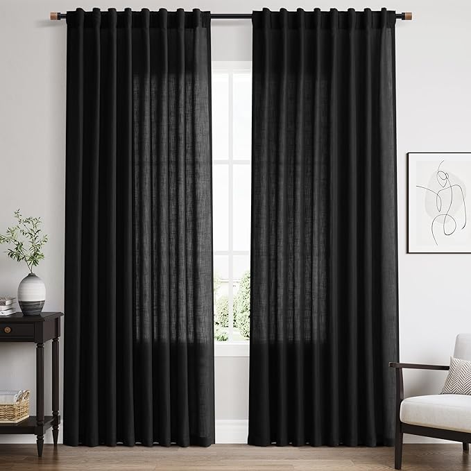 Nanspring Linen Curtains 84 Inch Length for Living Room Bedroom Black Simple Modern Semi Sheer Curtains Set Back Tab Rod Pocket Cotton Textured Privacy Drapes 60x84, 2 Panels