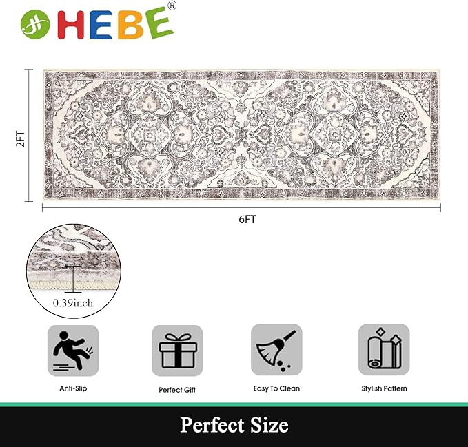 HEBE Hallway Runner Rug 2'x6' Washable Vintage Distressed Area Rugs Non Slip Laundry Rug Runner Boho Floor Carpet Runners for Hallways Entryway Laundry Room Kitchen Bathroom