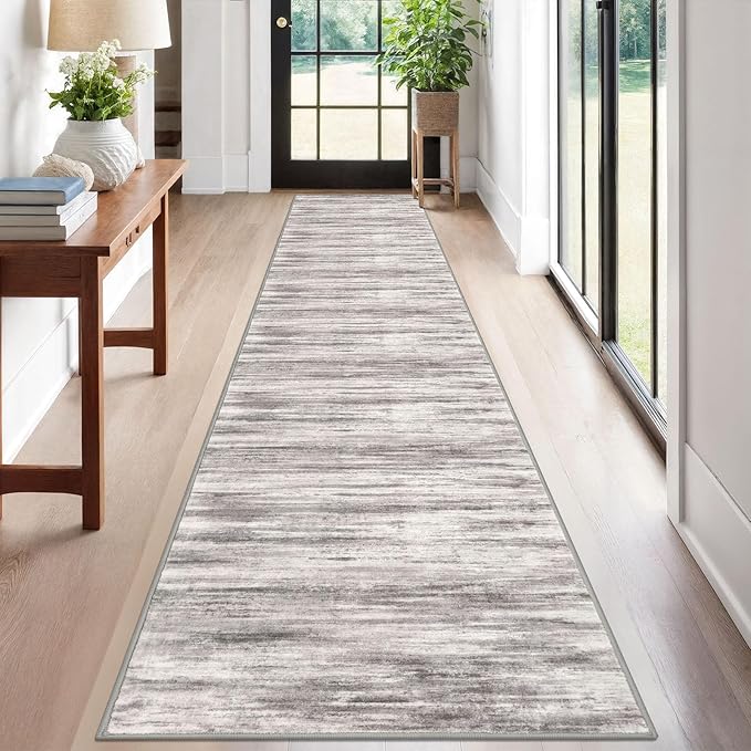 KOZYFLY Modern Abstract Hallway Runner, 2x12 Washable Rug Runner Non-Slip Soft Striped Kitchen Runner Rug, Grey/Light Beige/Brown Print Carpet for Entryway Bathroom