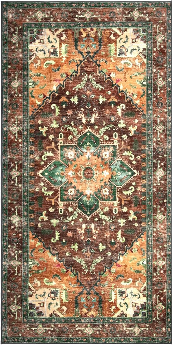 Yamaziot Washable Runner Rug, 3x6 Non-Slip Boho Vintage Hallway Rug with Rubber Backing, Low Pile Faux Wool Distressed Carpet Runner for Bedroom, Kitchen, Laundry, Entrance