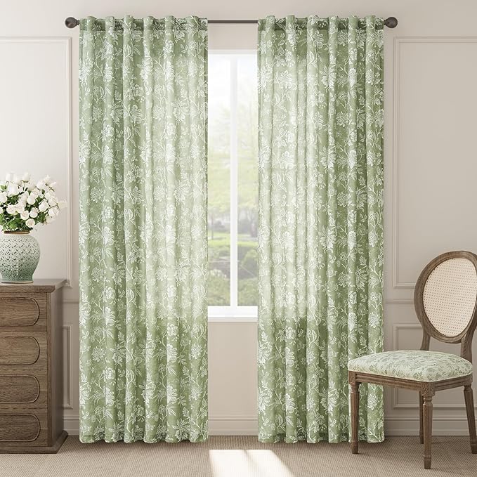 jinchan Linen Floral Curtains for Living Room with Printed Flower 84 Inches Long Light Filtering French Country Back Tab Rod Pocket Sage Green Window Curtain Set Farmhouse Drapes 2 Panels