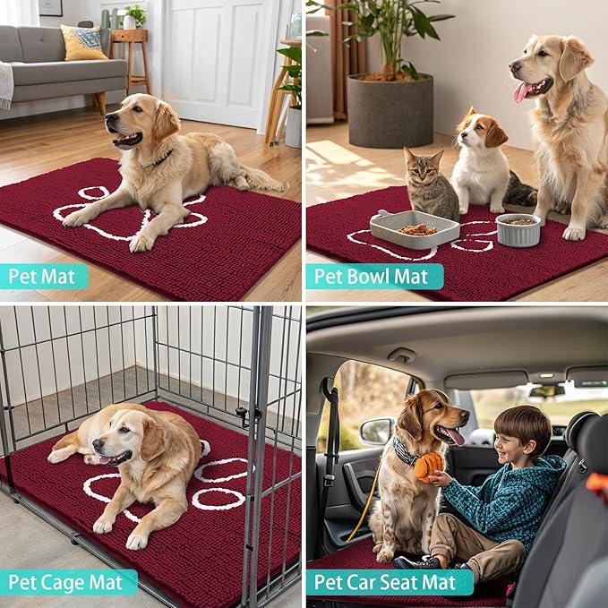 Smiry Dog Door Mat for Muddy Paws, Absorbent Dirt Trapper Non Slip Quick Dry Washable Chenille Mat for Mud Dogs, Entry Rug for Indoor and Outdoor (24x16 Inches, Burgundy and White)