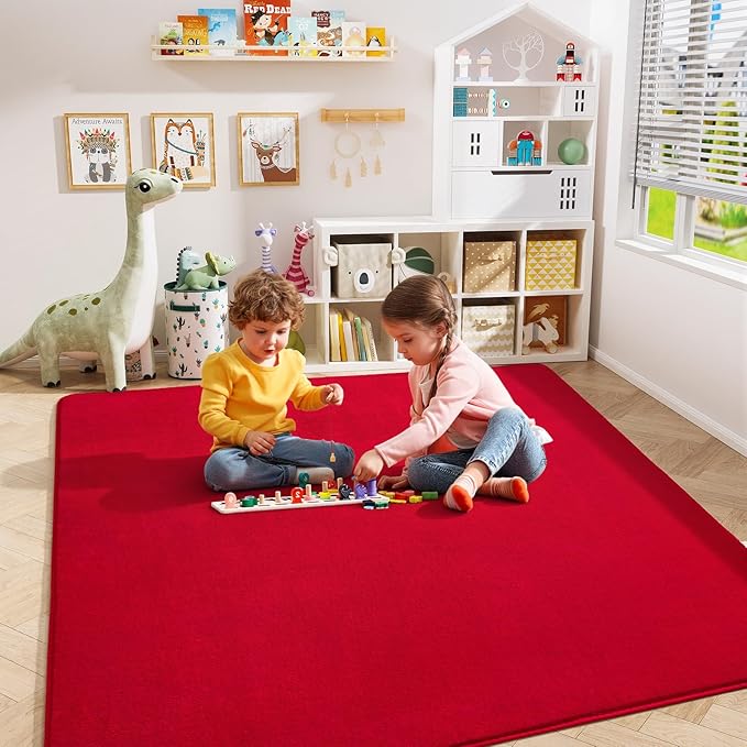 Amearea 4x4 Square Area Rugs for Bedroom Living Room, Modern Red Thickened Memory Foam Rug, Fluffy Indoor Washable Rug Non Slip Minimalist Carpet for Entryway Kids Boys Girls Dorm Nursery Room Decor