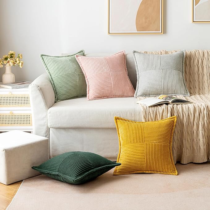 MIULEE Decorative Throw Pillow Covers for Couch Bed Livingroom 20x20 Inch Set of 2 Dark Green Boho Accent Throw Pllows Broadside Striped Patchwork Soft Corduroy Pillowcases