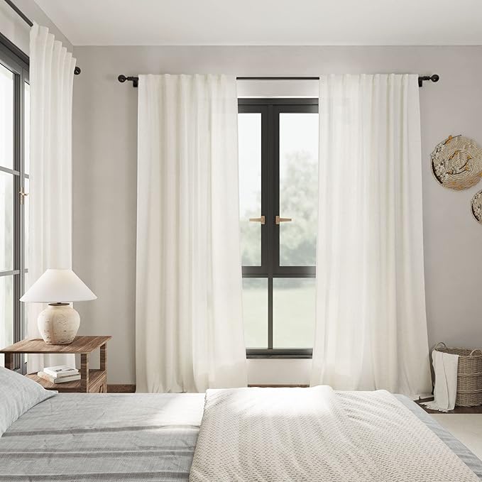 Cream Linen Back Tab Curtains 84 Inch Length for Living Room 2 Panel Set Neutral Modern Farmhouse Window Privacy Semi Sheer Linen Drapes Rustic Pinch Pleated Look Curtain Natural Ivory Colored