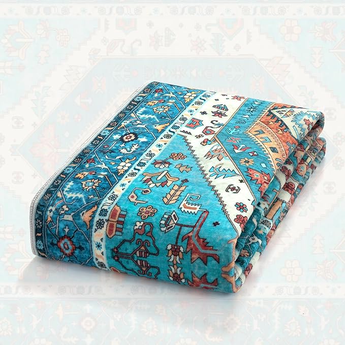 SERISSA 4x6 Boho Bedroom Rug, Washable Non Slip Vintage Blue Area Rugs, Ultra Soft Print Distressed Tribal Entry Rug Low-Pile Throw Carpet for Nursery Dorm Kitchen Living Room Decor