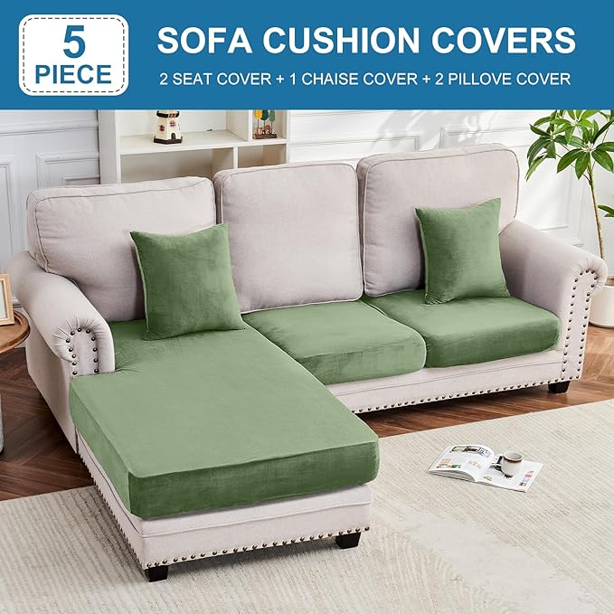 Couch Cover 3-Piece Elastic Velvet Couch Cushion Covers & Chaise Slipcovers for L-Shaped Sofas, Sofa Seat Covers Washable, Soft Cover for Couches (2 Seater + Chaise, Avocado Green)