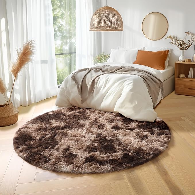 Amdrebio Tie-Dyed Brown Round Circle Rugs 5Ft for Bedroom, Fluffy Shag Plush Area Rugs for Kids Room, Living Room Decor Aesthetic, Fuzzy Fur Throw Floor Carpet for Playroom Preppy Dorm Baby Nursery