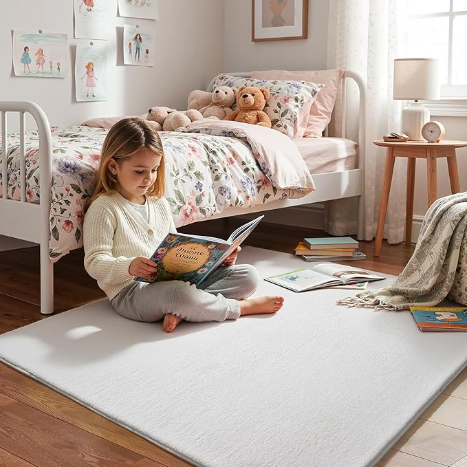 Amearea 5x5 Square Area Rugs for Bedroom Living Room, Modern White Thickened Memory Foam Rug, Fluffy Indoor Washable Rugs Non Slip Minimalist Carpet for Kids Boys Girls Dorm Nursery Room Decor