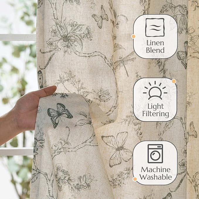 jinchan Floral Curtains Lined Linen Blend Curtain for Living Room 63 Inch Length Grey Farmhouse Curtains French Country Flower Gray Patterned Curtain Drapes Back Tab Rod Pocket 2 Panels