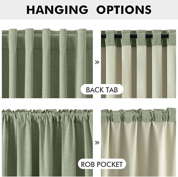 MIULEE 100% Blackout Linen Curtains for Bedroom, Sage Green Solid Luxury Decor Thermal Insulation Room Darkening Drapes for Living Room Nursery Back Tab Rod Pocket 42 x 108 Inches, 2 Panels