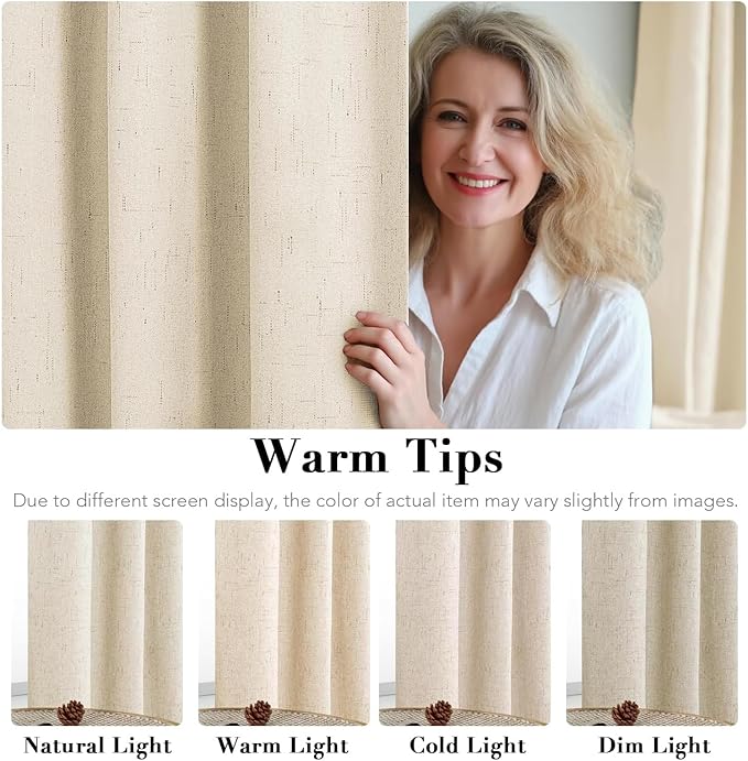 H.VERSAILTEX Linen Curtains 100% Blackout Curtains for Bedroom 90 inch Long Full Light Blocking Nature Linen Blended Window Curtains for Living Room Nickel Grommet (2 Panels, Bleached Sand)