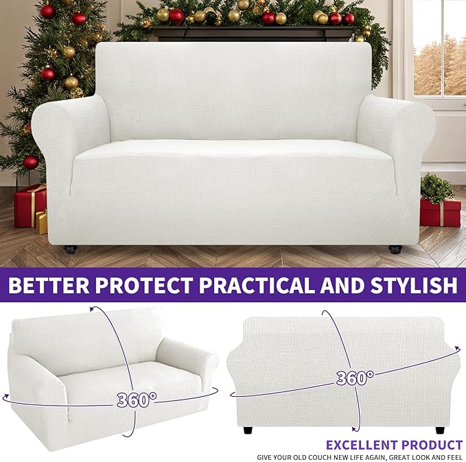 ZNSAYOTX Super Stretch Couch Cover Love Seat Sofa Covers for Living Room Dogs Pet Friendly Furniture Protector Spandex Loveseat Slipcovers with Anti Slip Foam Sticks (White, Loveseat)