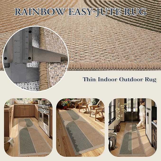 Lahome Enfys Modern Rainbow Easy Jute Rug, 2x8 Hallway Runner Washable Rugs for Entryway Farmhouse Kitchen Rug, Non Slip Indoor Outdoor Carpet Contemporary Throw Door Mat for Bedroom Porch