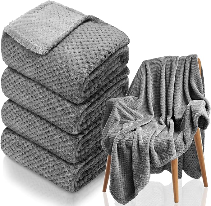 4 Pack Fleece Throw Blankets 50x60 Inches - Oeko-Tex Certified 100, 270 GSM Ultra Soft Plush for Bed, Couch and Cozy Gifts. 3D Waffle Texture, No Shedding No Pilling All Season (Dark Gray)