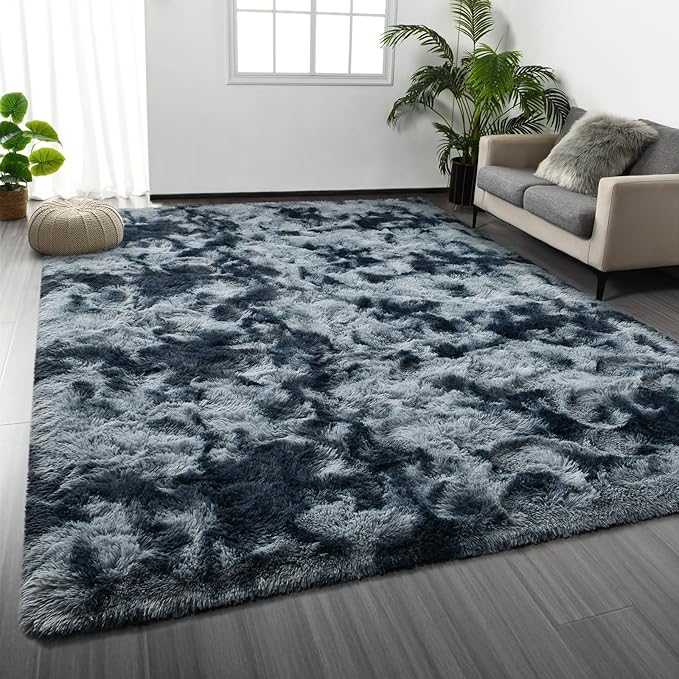 Deerhoo Large Shag Area Rugs 8 x 10, Tie-Dyed Plush Fuzzy Rugs for Living Room, Ultra Soft Fluffy Furry Rug for Bedroom, Indoor Carpet Nursery Rugs for Kids Room Home Decor, Blue and Grey