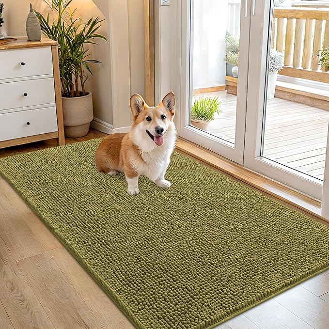 OLANLY Dog Door Mat for Muddy Paws 54x32, Absorbs Moisture and Dirt, Absorbent Non-Slip Washable Doormat, Quick Dry Chenille Mud Mat, Entry Indoor Entryway Carpet for Inside Floor, Willow Green