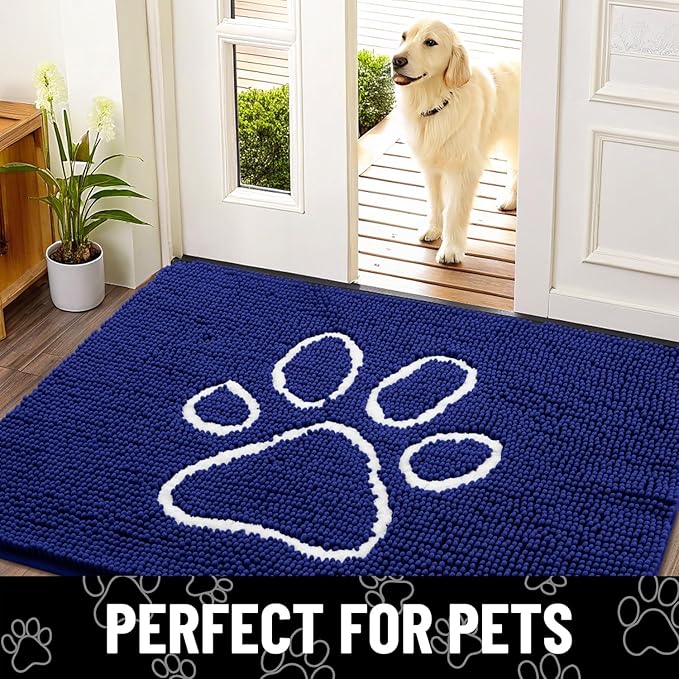 Smiry Dog Door Mat for Muddy Paws, Absorbent Dirt Trapper Non Slip Quick Dry Washable Chenille Mat for Mud Dogs, Entry Rug for Indoor and Outdoor (59x24 Inches, Navy Blue and White)