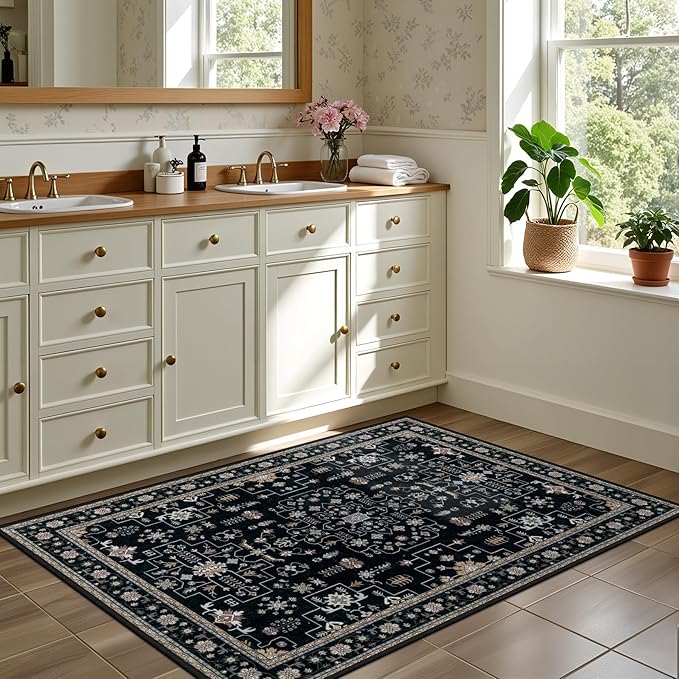 2x3 Area Rugs Living Room Rug: Washable Vintage Boho Medallion Rug No Slip Stain Resistant Soft Carpet Indoor Floor Large Carpets for Bedroom Dining Room Farmhouse Nursery Hallway Home Office Black